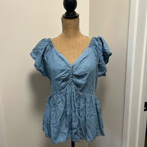Blue Ruched Peplum Top